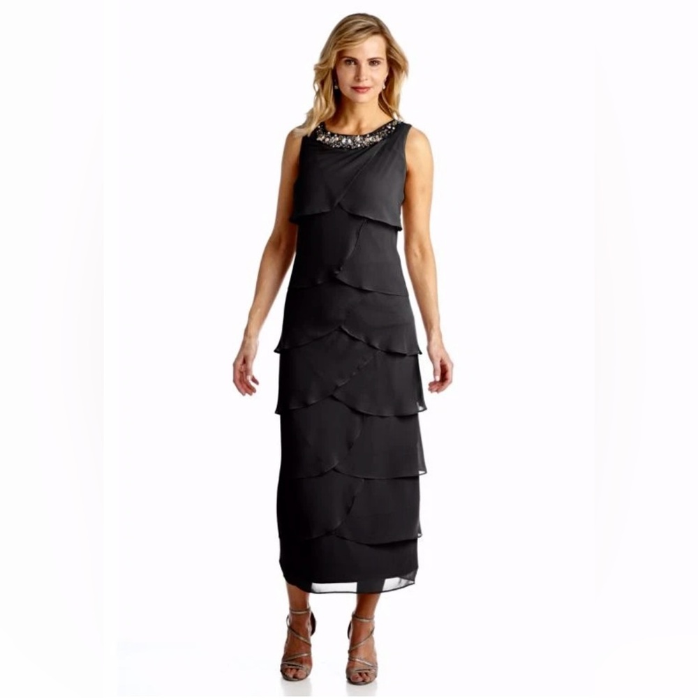 R&M Richards  Black Chiffon Tiered Midi Cocktail Dress Beaded Neck Size 4P NWT